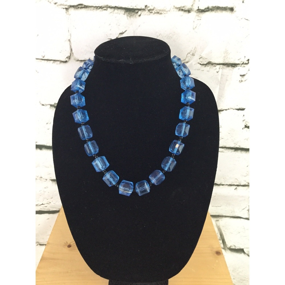 Clunky Beaded Necklace Blue Translucent Square Beads Vintage Glam